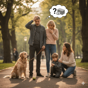 Familia con perro golden retriever y niño con expresión de preocupación tras un incidente en el parque, con una burbuja de pensamiento de dinero y signo de interrogación, simbolizando los costes inesperados de un accidente con mascota.