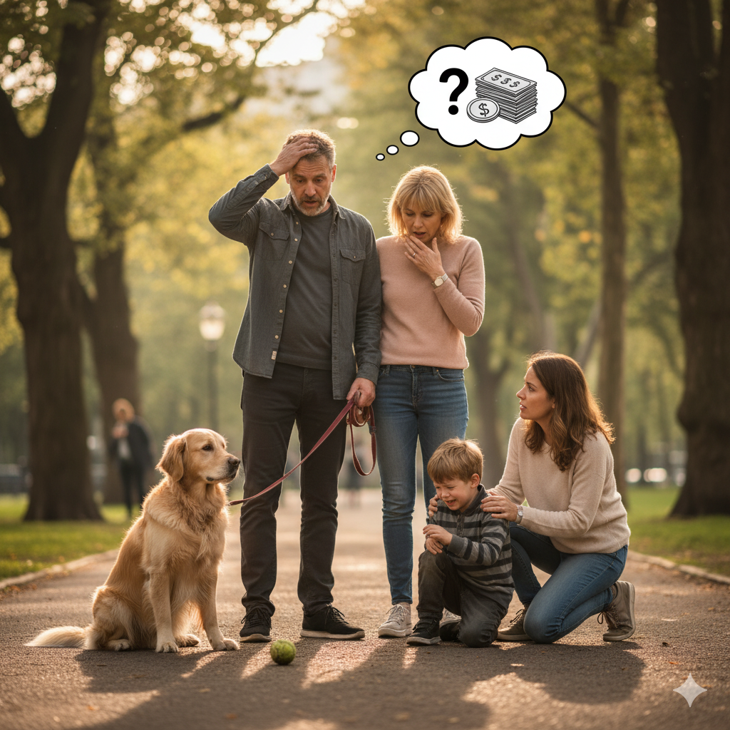 Familia con perro golden retriever y niño con expresión de preocupación tras un incidente en el parque, con una burbuja de pensamiento de dinero y signo de interrogación, simbolizando los costes inesperados de un accidente con mascota.
